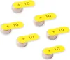 A group of six button cell batteries with yellow tabs labeled '+ 10'. Voir les images du produit