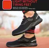 A close-up shot of black safety shoes with red and black striped socks, with text overlay. Produktbild-Vorschau