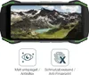 A smartphone with a mountain landscape on its screen, accompanied by icons and text describing its features. Podgląd zdjęcia produktu