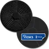 Two black circular carbon filters for a range hood, with a blue label on one of them. Produktbild-Vorschau
