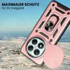 A rose gold phone case with a ring holder is displayed on a snowy, outdoor background. Produktbild-Vorschau