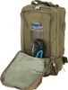 An open military-style backpack with a water bottle and a small packet inside. Voir les images du produit
