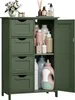 A dark green storage cabinet with four drawers on the left and a cabinet with shelves on the right, filled with various bottles and jars. Náhled obrázku produktu