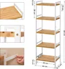 A diagram showing the dimensions of a multi-shelf unit, with close-up views of the construction and an illustration of how it attaches to a wall. Produktbild-Vorschau