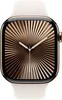 A close-up, front-facing view of an Apple Watch with a gold-colored case and a white sport band. The watch face displays a radial gold pattern. Anteprima dell’immagine prodotto