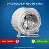 A split image showing the inside of a washing machine drum, one side with limescale buildup and the other side clean, with text indicating the effectiveness of Calgon against limescale. Produktbild-Vorschau