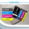 A group of printer ink cartridges are displayed next to a list of their quantities and colors. Produktbild-Vorschau