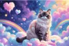 A whimsical, fantasy scene with a cat sitting on clouds, surrounded by hearts and rainbows. Náhled obrázku produktu