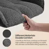 A hand is shown gripping the edge of a dark gray cushioned seat, with two circular swatches of fabric below, one appearing to be corduroy and the other a textured chenille. Text describes the materials and comfort. Produktbild-Vorschau
