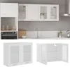 A kitchen scene with white cabinets and a sink, and below it, two separate views of a white wall cabinet with glass doors. Produktbild-Vorschau