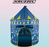 A blue play tent with yellow trim and star and moon patterns, set against a gradient background. Produktbild-Vorschau