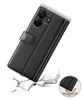 A black leather flip case for a smartphone is shown at an angle, appearing to be dropped onto a cracked surface, with a close-up inset showing the corner impact protection. Produktbild-Vorschau