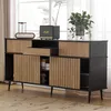 A modern sideboard with sliding doors and a drawer, displayed in a well-lit room with a window in the background. Produktbild-Vorschau