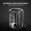 A clear, transparent phone case is shown against a dark, rippling background. Produktbild-Vorschau