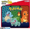 A marketing image for a Pokemon mousepad featuring the Kanto starters: Squirtle, Bulbasaur, and Charmander. Produktbild-Vorschau