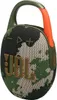 A JBL Clip 5 portable mono speaker with a camouflage pattern and an orange carabiner clip. Produktbild-Vorschau