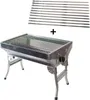 A stainless steel portable charcoal grill with foldable legs and ten skewers, presented on a white background. Produktbild-Vorschau
