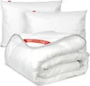 A folded duvet and two pillows are arranged on a white background. Voir les images du produit