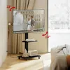 A TV stand with a TV on it, placed in a room with curtains and a bed. The TV is displaying a picture of a couple. Anteprima dell’immagine prodotto