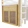 Close-up view of a wooden cabinet with woven doors and a drawer, attached to a white bunk bed structure. Voir les images du produit