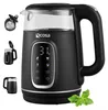 A black electric kettle with a glass top and a digital display showing the temperature, shown with inset images of the kettle and a sprig of mint. Produktbild-Vorschau