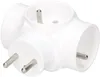 A white, three-way electrical adapter with two round pins visible on one side and three sockets visible on the other sides. Anteprima dell’immagine prodotto