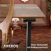 A close-up view of an AREBOS adjustable standing desk with a wooden top and black legs, featuring a control panel and a graphic overlay indicating a safety feature. Náhled obrázku produktu