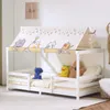 A white wooden children's bed with a tent-like canopy featuring cartoon cat illustrations. Anteprima dell’immagine prodotto