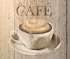 A stylized image of a coffee cup with latte art on a wooden background, with the word 'CAFÉ' above it. Produktbild-Vorschau