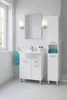 A clean and modern bathroom vanity with a sink, mirror, and storage cabinet. Produktbild-Vorschau