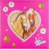 A pink advent calendar with a heart-shaped window revealing two horses, decorated with daisies and buttons. Produktbild-Vorschau