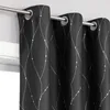 A close-up view of black curtains with a white wavy line and dot pattern, hanging from a metal curtain rod. Produktbild-Vorschau