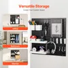 A collage of images showcasing a black pegboard storage system used in different settings like an office, bathroom, and kitchen, with a detailed view of the product on the right side. Produktbild-Vorschau