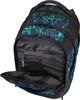 A black backpack with a blue and teal abstract pattern, shown with its main compartment open. Produktbild-Vorschau