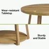 A split image showing a close-up of a round coffee table's tabletop and legs, with text highlighting its features. Produktbild-Vorschau