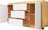 A wooden sideboard with white drawers and open doors, shown from a slightly elevated angle against a white background. Produktbild-Vorschau