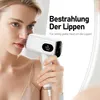 A woman is holding a device to her face, near her lips. The device has a screen displaying information. There is text overlaying the image. Produktbild-Vorschau