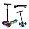 A collage of three images showing a black Kinderkraft RAKET scooter with LED lights on the platform and wheels, in different configurations. Náhled obrázku produktu