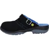 A side view of a black clog-style shoe with blue accents and a buckle. Produktbild-Vorschau