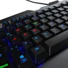 A close-up view of a black mechanical gaming keyboard with RGB LED backlighting. Produktbild-Vorschau