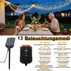 A family is having dinner outdoors at night, illuminated by string lights. Below the scene is a diagram of a solar-powered light controller and its modes. Náhled obrázku produktu