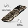 A leopard print phone case is shown from an angled perspective, with callouts highlighting its features. Anteprima dell’immagine prodotto