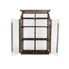 A wooden greenhouse with clear polycarbonate panels and open doors, standing on a white background. Voir les images du produit