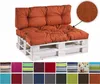 A pallet sofa with orange cushions, with a close-up of the fabric texture and a row of color swatches below. Produktbild-Vorschau