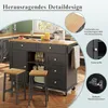 A kitchen island with stools and various kitchen items on top, with close-up feature callouts. Produktbild-Vorschau