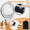 A dog looking up at a washing machine with a product being put inside, and a diagram showing how to fold and store the product. Produktbild-Vorschau