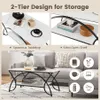 Collage showing a coffee table with marble effect top and black metal legs, featuring close-ups of its features and decorative items. Voir les images du produit