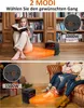 A collage showing a woman reading by a fireplace heater and people sitting on a couch near another heater. Produktbild-Vorschau