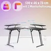A diagram of a black L-shaped desk with dimensions and features indicated by text and icons. Voir les images du produit