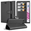 A black leather wallet-style phone case for a Sony Xperia XZ1 Compact, shown in multiple configurations including closed, open with cards and cash inserted, and propped up as a stand. Náhled obrázku produktu
